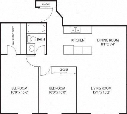 Floor plan for 2 beds, 1 bath, 935 sqft
